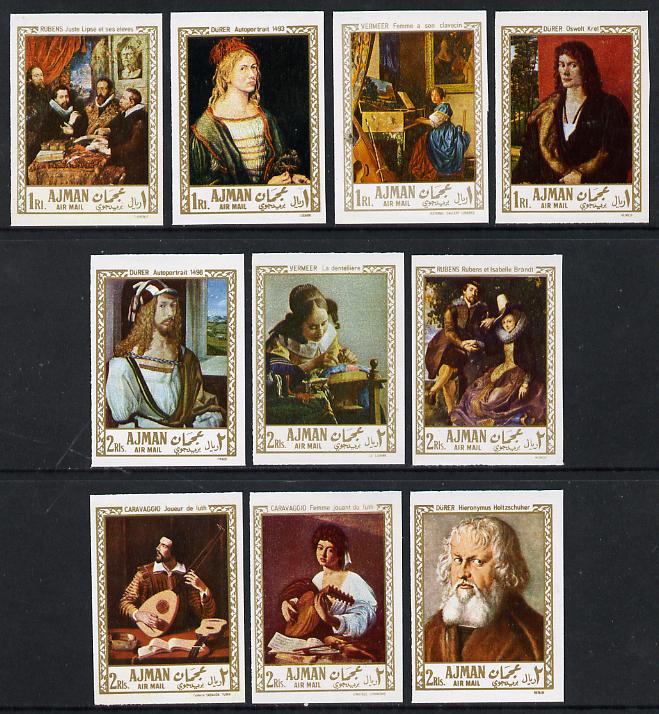 Ajman 1968 Paintings imperf set of 10 unmounted mint (Mi 225-34B), stamps on , stamps on  stamps on arts, stamps on  stamps on music, stamps on  stamps on lace, stamps on  stamps on textiles, stamps on  stamps on durer, stamps on  stamps on rubens, stamps on  stamps on vermeer, stamps on  stamps on caravaggio