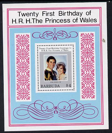 Barbuda 1982 Princess Dis 21st Birthday m/sheet (SG MS 627) unmounted mint, stamps on royalty    diana