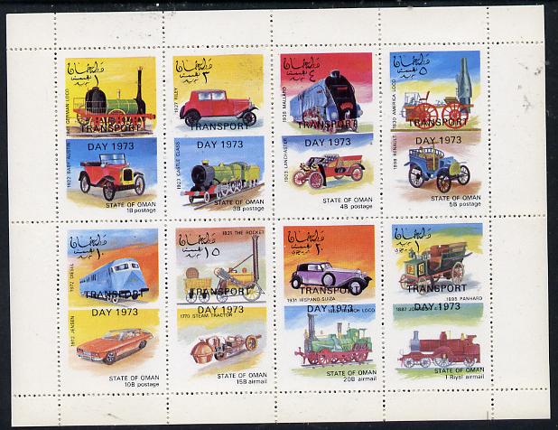 Oman 1973 Locomotives & Cars (optd Transport Day 1973) perf  set of 8 values (1b to 1R) unmounted mint, stamps on railways   cars