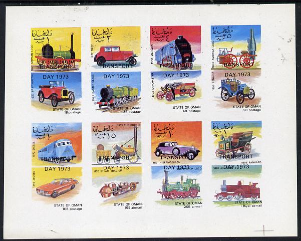 Oman 1973 Locomotives & Cars (opt'd Transport Day 1973) imperf  set of 8 values (1b to 1R) unmounted mint, stamps on , stamps on  stamps on railways    cars