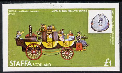 Staffa 1977 Land Speed Records (James's Steam Carriage) imperf souvenir sheet (£1 value) unmounted mint, stamps on transport, stamps on cars