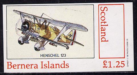 Bernera 1982 Aircraft #14 (Henschel 123) imperf souvenir sheet (£1.25 value) unmounted mint, stamps on aviation