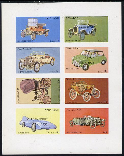 Nagaland 1972 Cars #2 (opt'd Transport Day 1973) imperf  set of 8 values (1c to 50c) unmounted mint, stamps on , stamps on  stamps on cars    ford    austin     hispano     mini    fiat    renault     bluebird   rolls-royce