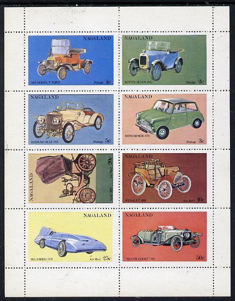 Nagaland 1972 Cars #1 perf  set of 8 values (1c to 50c) unmounted mint, stamps on , stamps on  stamps on cars    ford    austin     hispano     mini    fiat    renault     bluebird   rolls-royce