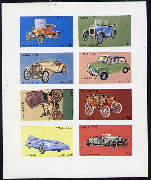 Nagaland 1972 Cars #1 imperf  set of 8 values (1c to 50c) unmounted mint , stamps on , stamps on  stamps on cars    ford    austin     hispano     mini    fiat    renault     bluebird   rolls-royce