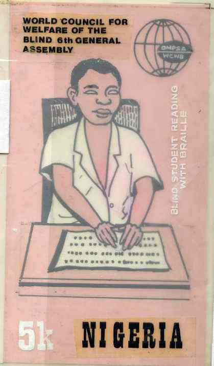 Nigeria 1979 World Council For Welfare For The Blind - original hand-painted artwork for 5k value (Blind Student Reading with Braille) by Godrick N Osuji on card 4 x 7 (t..., stamps on blind    disabled