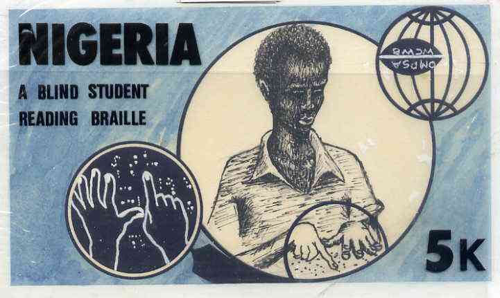 Nigeria 1979 World Council For Welfare For The Blind - original hand-painted artwork for 5k value (Blind Student Reading with Braille) by Francis Isibor on card 7 x 4 end..., stamps on blind    disabled