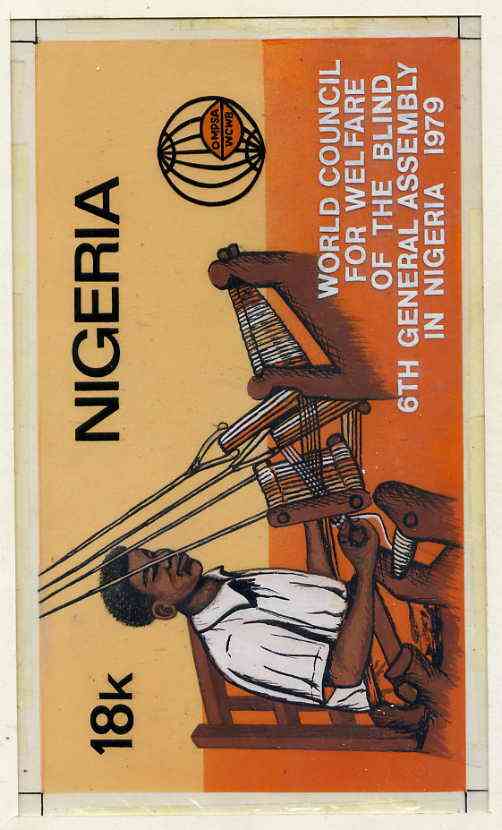 Nigeria 1979 World Council For Welfare For The Blind - original hand-painted artwork for 18k value (Blindman Weaving Cloth) by NSP&MCo Staff Artist S A M Eluare on card 8.5 x 5 endorsed B4 (similar designs were taken to the machine proof stage but never issued), stamps on , stamps on  stamps on blind    disabled    textiles     crafts