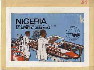 Nigeria 1979 World Council For Welfare For The Blind - original hand-painted artwork for 18k value (Blind Workers on Assembly Line) artist unknown on card 8.5 x 5.5 endorsed B3 (similar designs were taken to the machine proof stage but never issued), stamps on blind    disabled