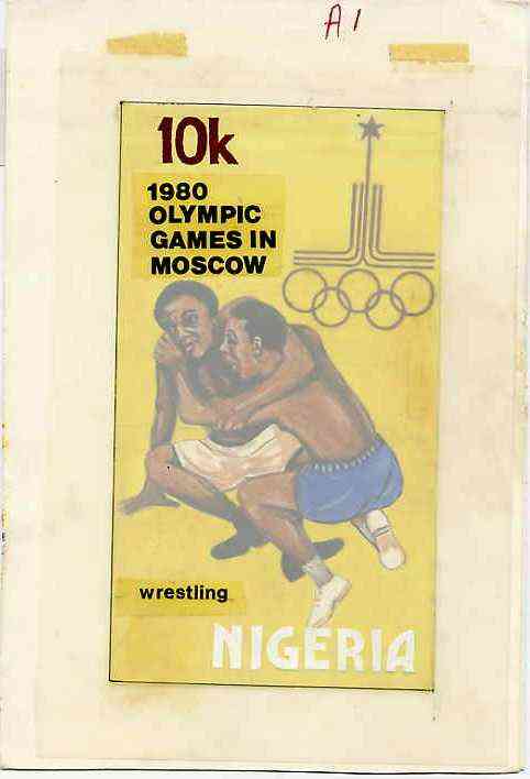 Nigeria 1980 Moscow Olympic Games - original hand-painted artwork for 10k value (Wrestling) by Godrick N Osuji on card 4 x 7Ý endorsed A1 , stamps on olympics     wrestling      sport