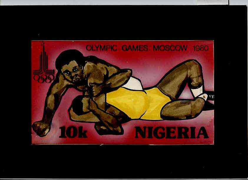 Nigeria 1980 Moscow Olympic Games - original hand-painted artwork for 10k value (Wrestling) by unknown artist on card 8.5 x 5 , stamps on olympics     wrestling      sport