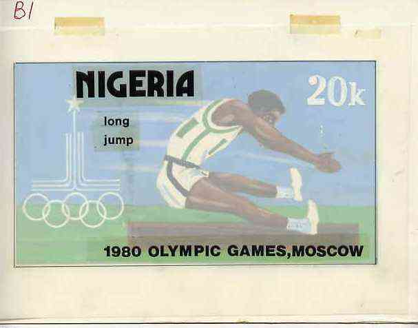 Nigeria 1980 Moscow Olympic Games - original hand-painted artwork for 20k value (Long Jump) by Godrick N Osuji on card 7.25 x 4 endorsed B1 , stamps on , stamps on  stamps on olympics     long jump      sport