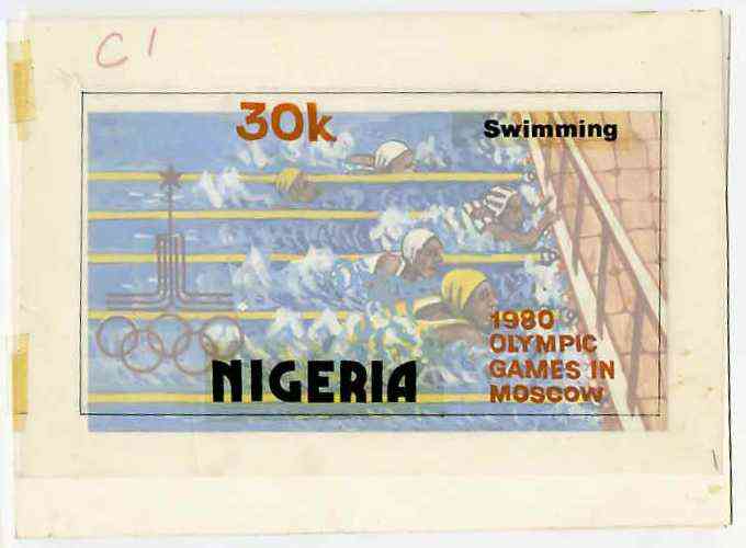 Nigeria 1980 Moscow Olympic Games - original hand-painted artwork for 30k value (Swimming) by Godrick N Osuji on card 7.25 x 4 endorsed C1 , stamps on , stamps on  stamps on olympics     swimming      sport