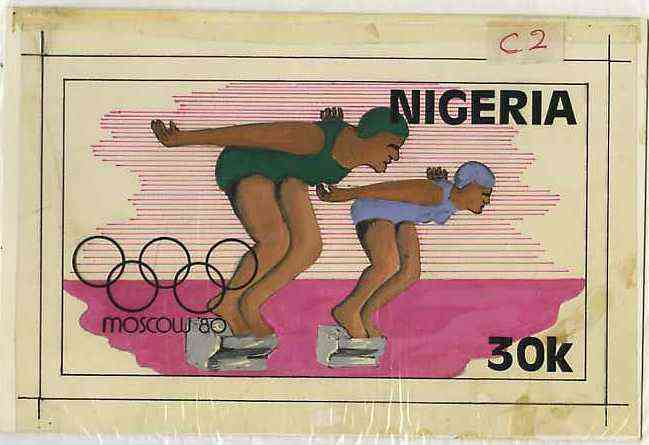 Nigeria 1980 Moscow Olympic Games - original hand-painted artwork for 30k value (Swimming) by unknown artist on card 7.5 x 4.5 endorsed C2, stamps on olympics     swimming      sport