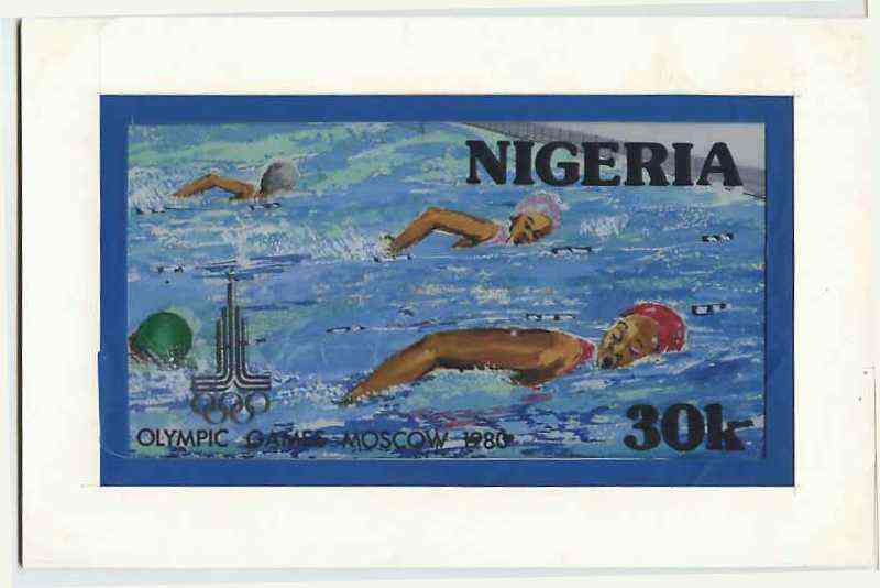 Nigeria 1980 Moscow Olympic Games - original hand-painted artwork for 30k value (Swimming) by unknown artist on board 8 x 4.5 , stamps on olympics     swimming      sport