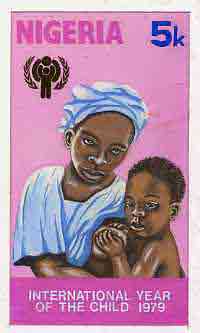 Nigeria 1979 Int Year of the Child - original hand-painted artwork for 5k value (Mother & Child) by unknown artist on card 5 x 8.5 endorsed A3, stamps on children, stamps on  iyc , stamps on breast feeding