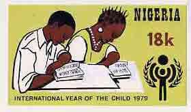 Nigeria 1979 Int Year of the Child - original hand-painted artwork for 18k value (Children Studying) by Godrick N Osuji on card 7 x 4 endorsed B1, stamps on children, stamps on  iyc , stamps on 