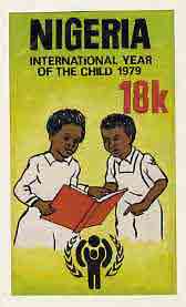 Nigeria 1979 Int Year of the Child - original hand-painted artwork for 18k value (Children Studying) by unknown artist on card 4 x 7 endorsed B3, stamps on children, stamps on  iyc , stamps on 