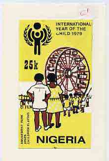 Nigeria 1979 Int Year of the Child - original hand-painted artwork for 25k value (Amusement Park) by Godrick N Osuji on card 4 x 7 endorsed C1, stamps on children, stamps on  iyc , stamps on entertainments