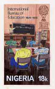Nigeria 1979 Int Bureau of Education - original hand-painted artwork for 18k value (Adult Education Class) by Austin Ogo Onwudimegwu on card 4 x 7.25 endorsed B5, stamps on education
