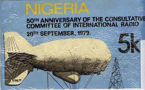 Nigeria 1979 International Radio Committee - original hand-painted artwork for 5k value (Showing Radio Airship) by unknown artist on card 8.5 x 5 , stamps on aviation, stamps on airships, stamps on radio, stamps on communications