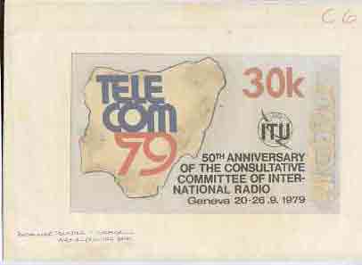 Nigeria 1979 International Radio Committee - original hand-painted artwork for 30k value (TeleCom 79 symbol & Map) by Olajide I Oshiga on card 8.5 x 5 endorsed C6, stamps on radio   communications    maps