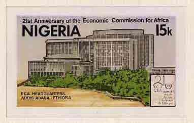 Nigeria 1979 Economic Commission for Africa - original hand-painted composite artwork for 15k value (ECA Headquarters) by Austin Ogo Onwudimegwu on card 8.5 x 5 endorsed ..., stamps on constitutions, stamps on banking:economics