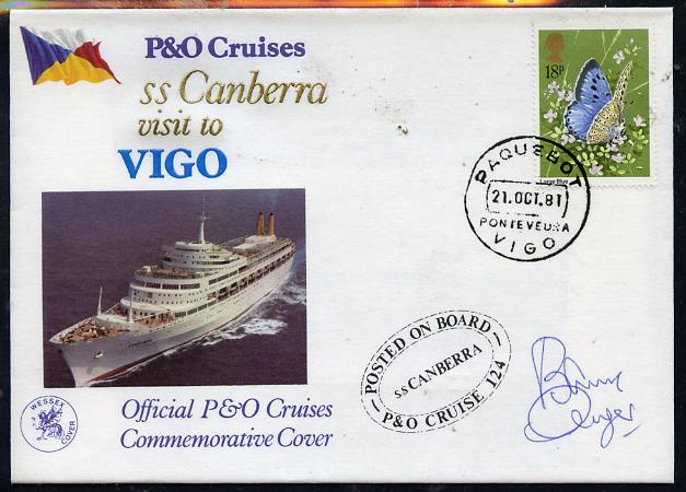 Great Britain 1981 P&O SS Canberra Cruise cover bearing Butterflies 18p stamp cancelled PAQUEBOT and signed by Barry Cryer, stamps on ships, stamps on entertainers, stamps on butterflies, stamps on entertainments