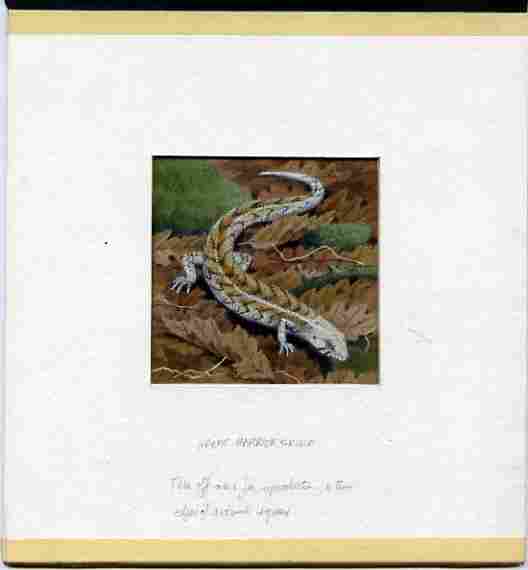 New Zealand 1984 Amphibians & Reptiles - original hand-painted artwork showing Otago Skink, as used to illustrate Benham silk first day cover (58c value), mounted on board 3.25 x 3.25 plus the matching Benham silk cover, a magnificent and attractive unit, stamps on , stamps on  stamps on animals   reptiles   