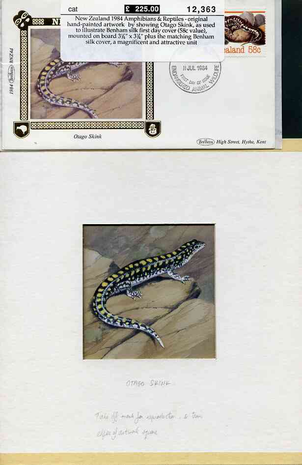 New Zealand 1984 Amphibians & Reptiles - original hand-painted artwork showing Great Barrier Skink, as used to illustrate Benham silk first day cover (24c value), mounted on board 3.25 x 3.25 plus the matching Benham silk cover, a magnificent and attractive unit, stamps on , stamps on  stamps on animals   reptiles   