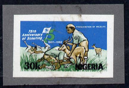 Nigeria 1982 75th Anniversary of Scouting 30k (Preservation of Wildlife) imperf machine proof as issued stamp mounted on grey card , stamps on , stamps on  stamps on scouts        animals