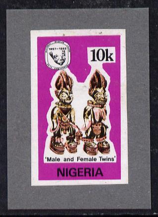 Nigeria 1982 National Museum 10k (Carving of Twins) imperf machine proof similar to issued stamp but inscription moved and smaller logo, mounted on grey card , stamps on museums, stamps on artefacts