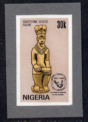 Nigeria 1982 National Museum 30k (Soapstone Seated Figure) imperf machine proof as issued stamp mounted on grey card , stamps on museums, stamps on artefacts