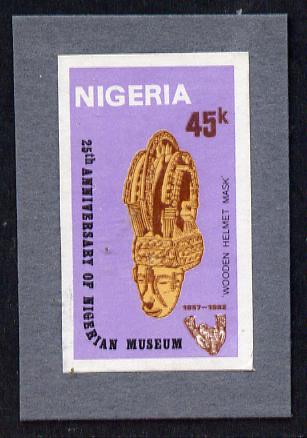 Nigeria 1982 National Museum 45k (Helmet Mask) imperf machine proof similar to issued stamp but dates in white instead of brown, mounted on grey card, as submitted for ap..., stamps on museums, stamps on artefacts        masks