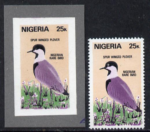 Nigeria 1984 Rare Birds 25k (Spur Winged Plover) imperf machine proof as issued stamp mounted on grey card plus issued stamp, stamps on birds