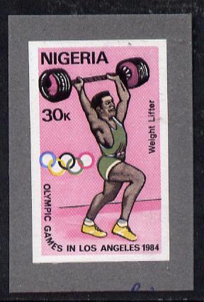 Nigeria 1984 Los Angeles Olympic Games 30k (Weight Lifting) imperf machine proof as issued stamp mounted on grey card, stamps on olympics     weightlifting