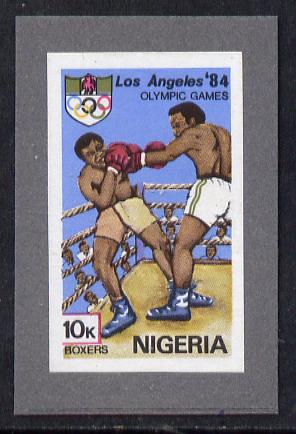 Nigeria 1984 Los Angeles Olympic Games 10k (Boxers) imperf machine proof as issued stamp mounted on grey card, stamps on boxing, stamps on sport, stamps on olympics