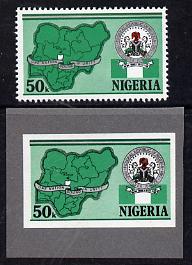 Nigeria 1985 25th Anniversary of Independence 50k (Map of Nigeria) imperf machine proof as issued stamp mounted on grey card plus issued stamp, stamps on maps
