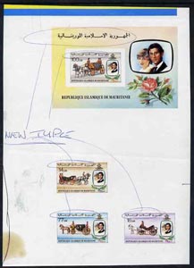 Mauritania 1981 Royal Wedding composte colour proof sheet containing the set of 3 values & m/sheet se-tenant with printers notes indicating a new type face for the Arabic inscription, some faults but an UNIQUE item from the Format archives , stamps on , stamps on  stamps on royalty, stamps on  stamps on diana, stamps on  stamps on charles, stamps on  stamps on 