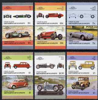 St Vincent - Union Island 1986 Cars #4 (Leaders of the World) set of 12 unmounted mint, stamps on , stamps on  stamps on cars    porsche    ford    brm     bugatti     fiat    chrysler