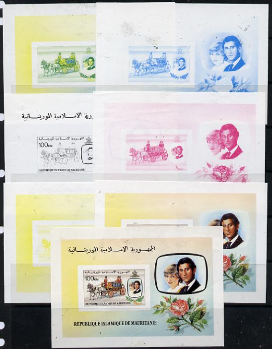 Mauritania 1981 Royal Wedding m/sheet set of 7 imperf progressive colour proofs comprising the 4 individual colours, 2, 3 and all 4 colour composites, slight faults but believed to be an UNIQUE item from the Format archives unmounted mint, stamps on , stamps on  stamps on royalty, stamps on  stamps on diana, stamps on  stamps on charles, stamps on  stamps on 