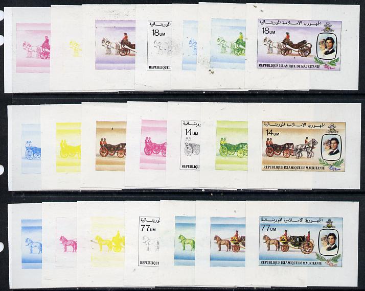 Mauritania 1981 Royal Wedding the set of 3 each x 7 imperf progressive colour proofs comprising the 4 individual colours, 2, 3 and all 4 colour composites, slight  faults..., stamps on royalty, stamps on diana, stamps on charles, stamps on 