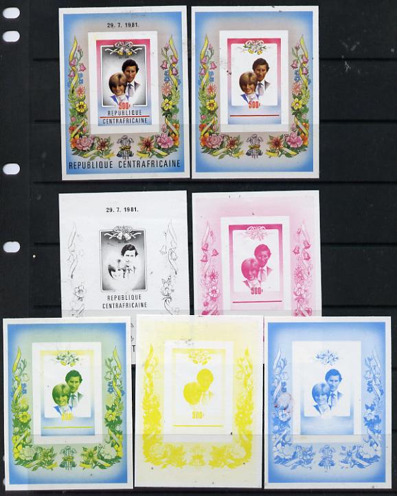 Central African Republic 1981 Royal Wedding m/sheet set of 7 imperf progressive colour proofs comprising the 4 individual colours, 2, 3 and all 4 colour composites, sligh..., stamps on royalty, stamps on diana, stamps on charles, stamps on 