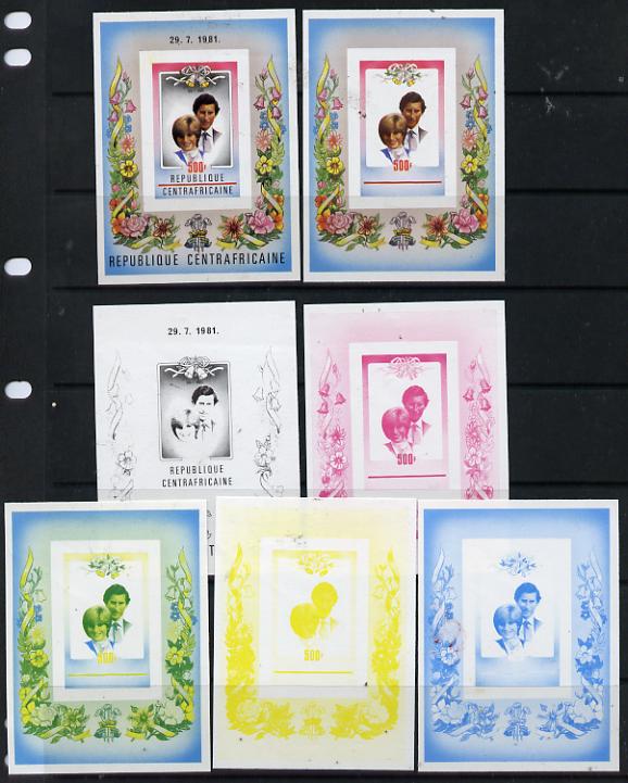 Central African Republic 1981 Royal Wedding m/sheet set of 7 imperf progressive colour proofs comprising the 4 individual colours, 2, 3 and all 4 colour composites, slight faults but believed to be an UNIQUE item from the Format archives unmounted mint, stamps on , stamps on stamps on royalty, stamps on stamps on diana, stamps on stamps on charles, stamps on stamps on