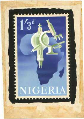Nigeria 1962 Lagos Conference - original hand-painted artwork (unaccepted) essay for 1s3d value showing Microscope & Map of Africa (probably by M Shamir) 5x7.5, stamps on , stamps on  stamps on maps    science    microscopes, stamps on  stamps on chemistry