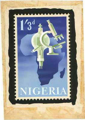 Nigeria 1962 Lagos Conference - original hand-painted artwork (unaccepted) essay for 1s3d value showing Microscope & Map of Africa (probably by M Shamir) 5x7.5, stamps on maps    science    microscopes, stamps on chemistry