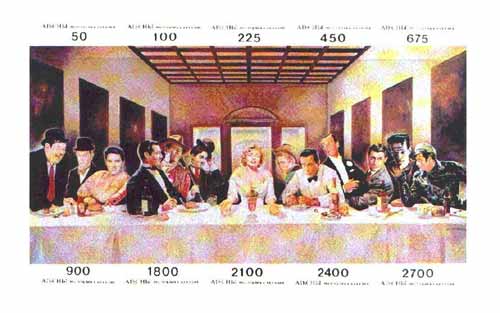 Abkhazia 1995 Anyone For Dinner composite imperf sheetlet of 10 values featuring Laurel & Hardy, Elvis, Clark Gable, John Wayne, Chaplin, Marilyn Monroe, James Dean, Bogg...