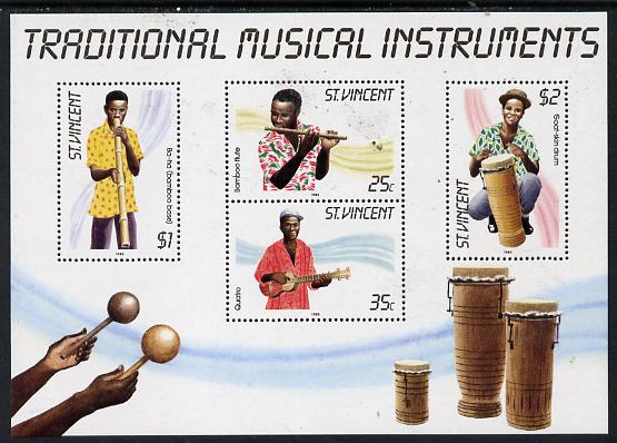 St Vincent 1985 Musical Instruments m/sheet containing set of 4 unmounted mint, SG MS 909, stamps on , stamps on  stamps on music, stamps on  stamps on guitar, stamps on  stamps on musical instruments