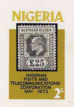Nigeria 1972 Posts & Telecommunications Corporation - original hand-painted composite artwork for 2s value (showing 25 stamp of Northern Nigeria) by unknown artist on bo..., stamps on stamp on stamp, stamps on postal, stamps on stamponstamp