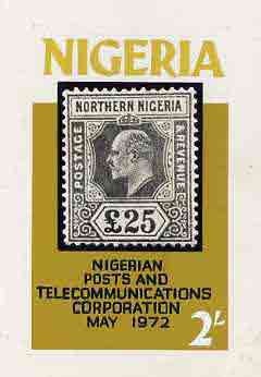 Nigeria 1972 Posts & Telecommunications Corporation - original hand-painted composite artwork for 2s value (showing £25 stamp of Northern Nigeria) by unknown artist on board 5 x 8, endorsed 'submitted 20/4/72', stamps on , stamps on  stamps on stamp on stamp, stamps on postal, stamps on  stamps on stamponstamp